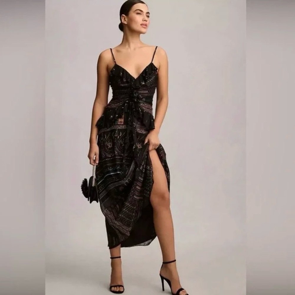 Anthropologie Black Maxi Dress with Intricate Patterns and ruffles medium